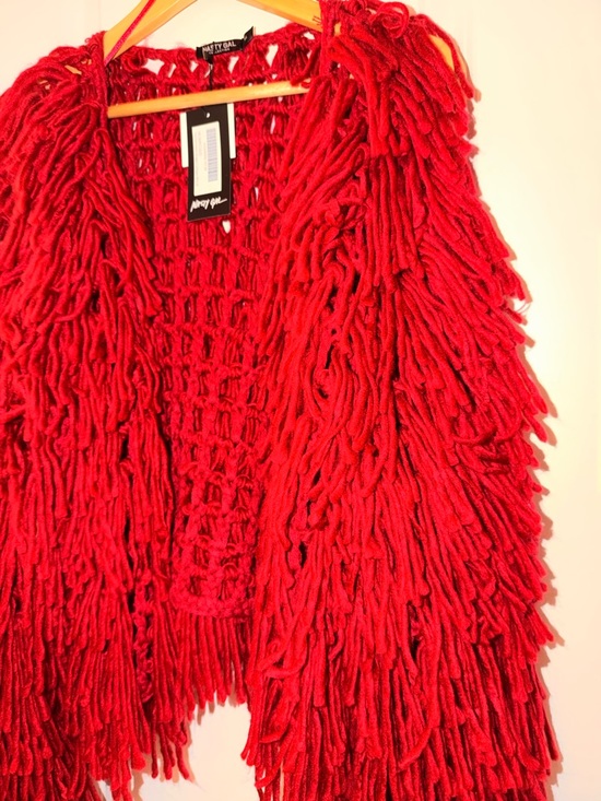 Nasty Gal Red Shaggy Open Knit Fringe Jacket - Picture 2 of 6
